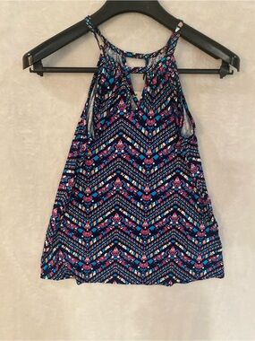 Sleeveless Chevron Floral Halter Tank Top - Blue/Purple/Pink